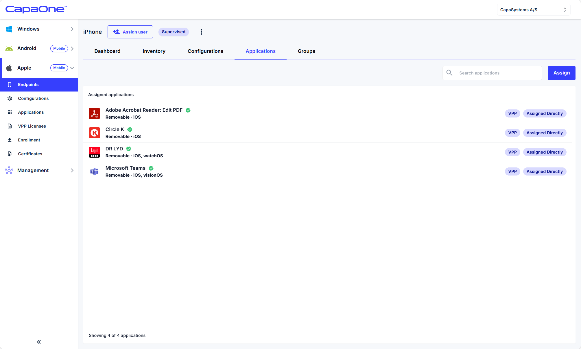 VPP license assigned and the app created in CapaOne