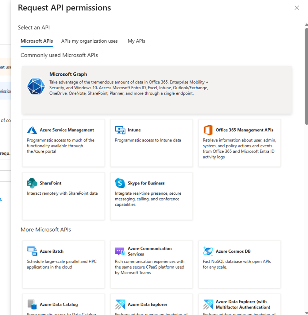Request API permissions panel with Microsoft Graph selected