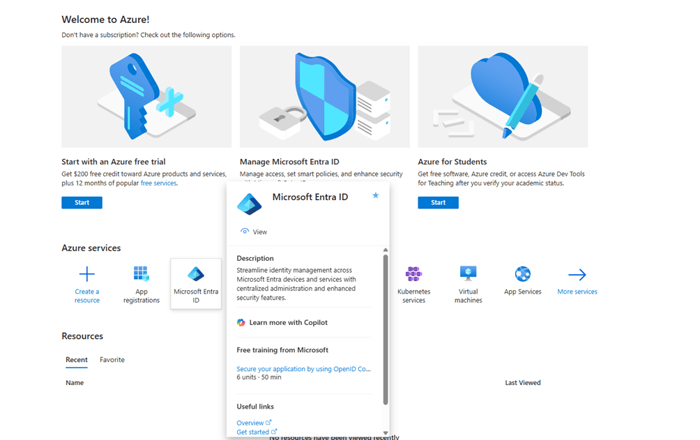 Azure portal home with Microsoft Entra ID