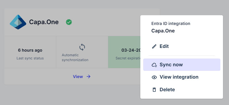 Integration action menu with Sync now selected
