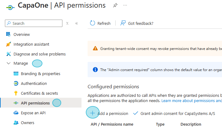App registration API permissions page with the Add a permission button