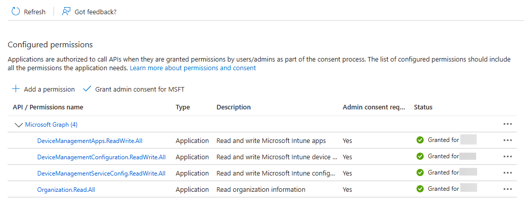 Granted Intune permissions listed for the organization
