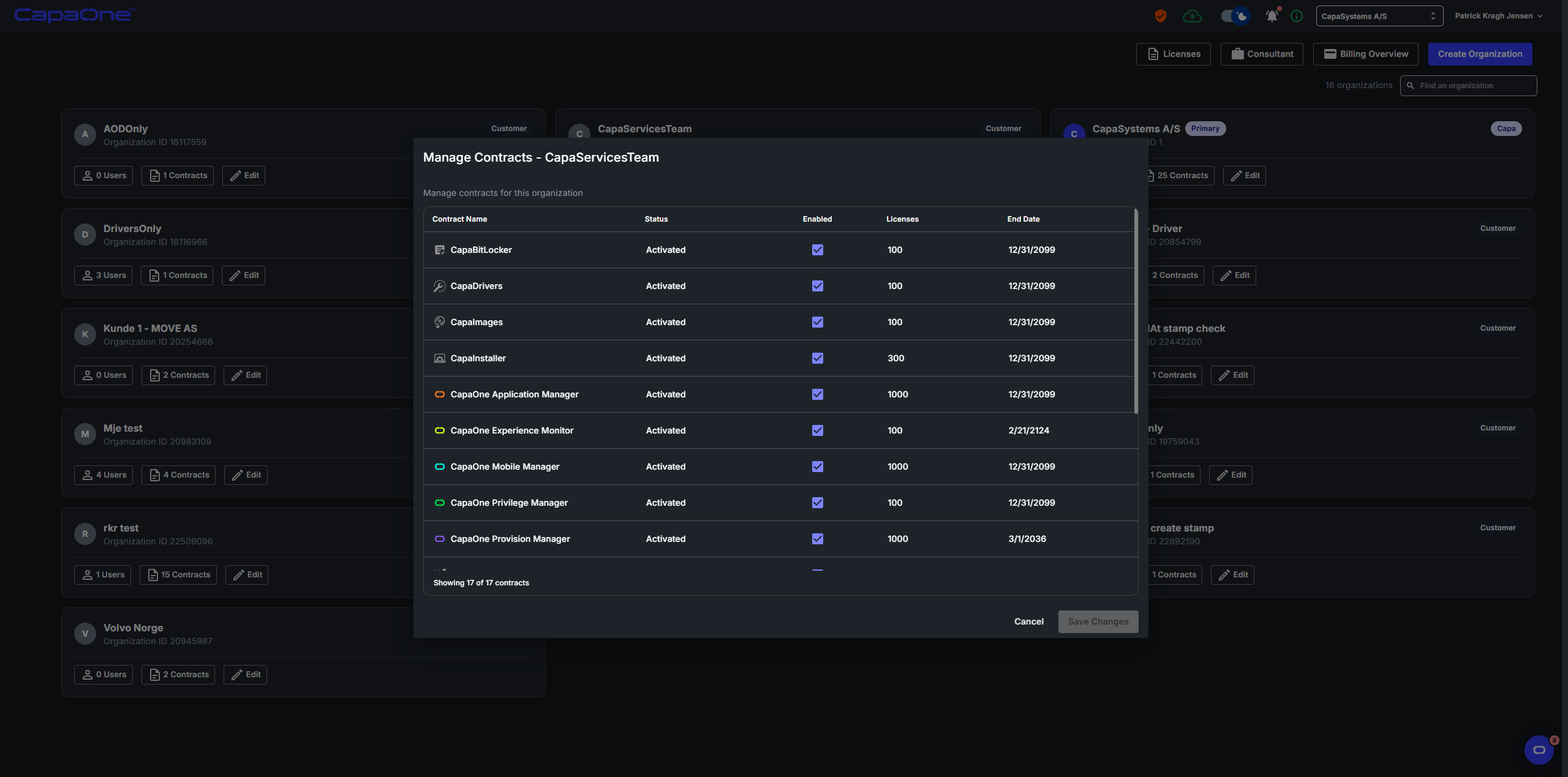 Contracts panel listing all activated CapaOne module contracts with license count and expiry dates