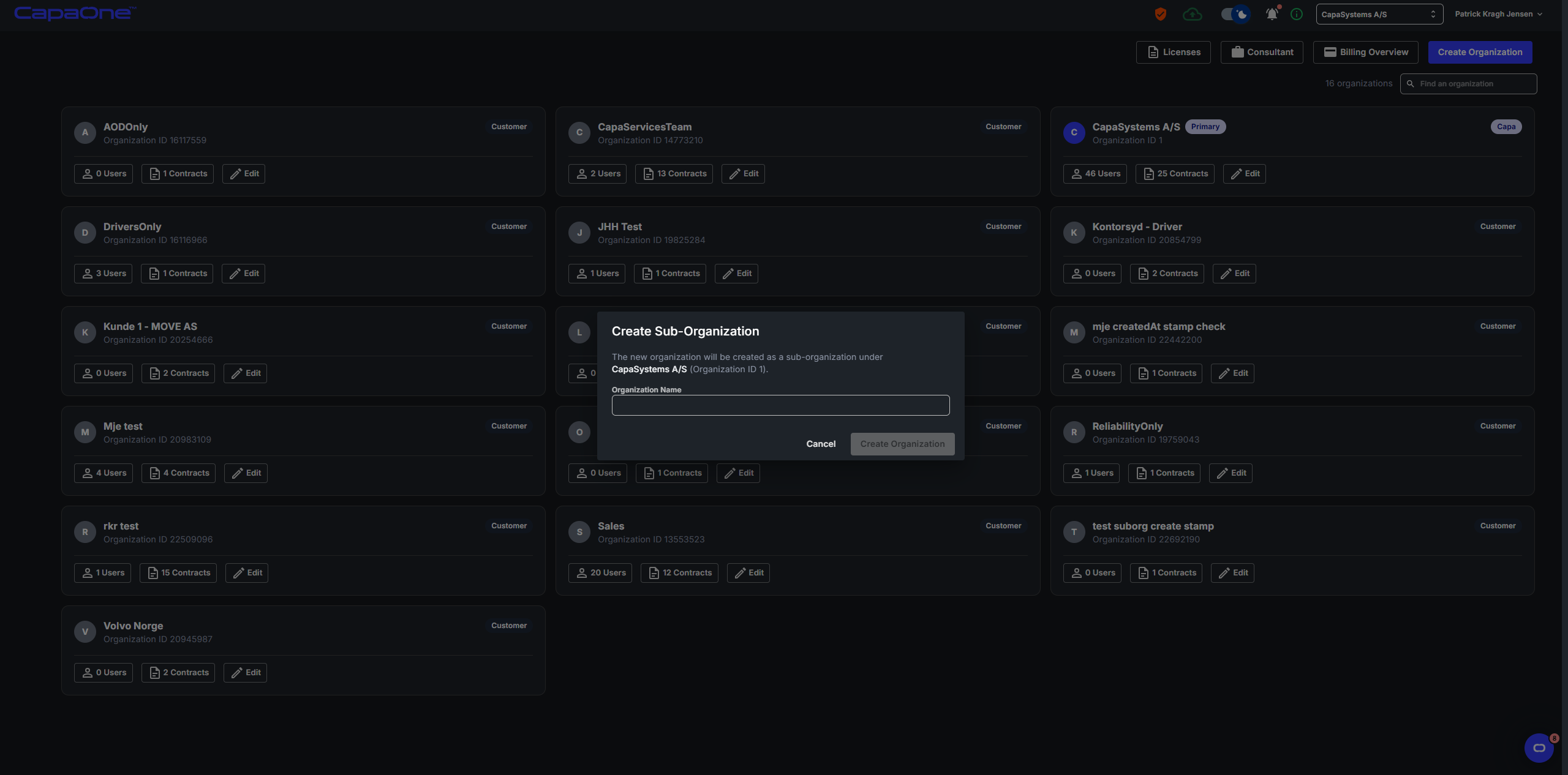 Create Sub-Organization dialog with an organization name field