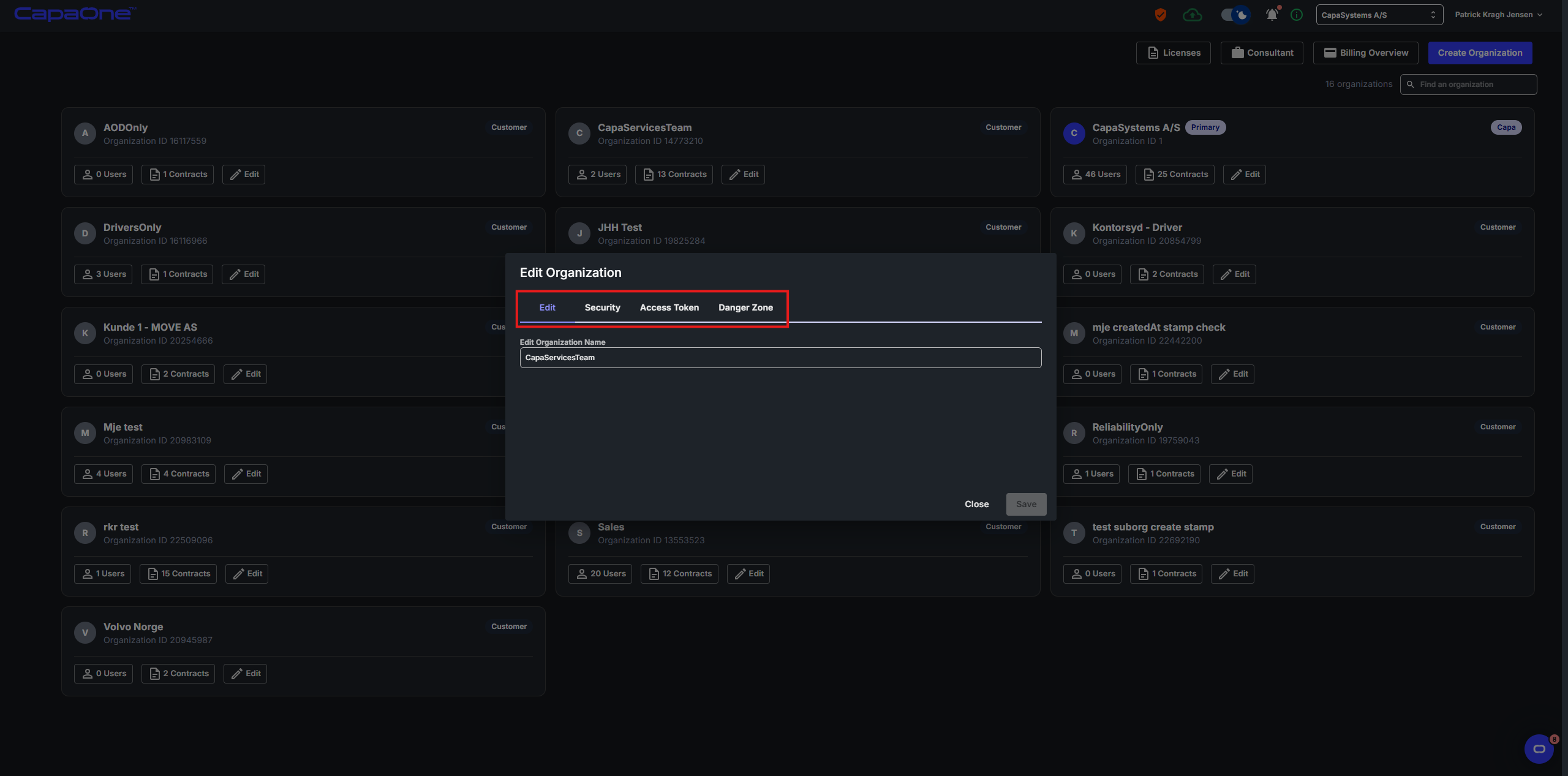 Edit Organization dialog showing the Edit, Security, Access Token, and Danger Zone tabs