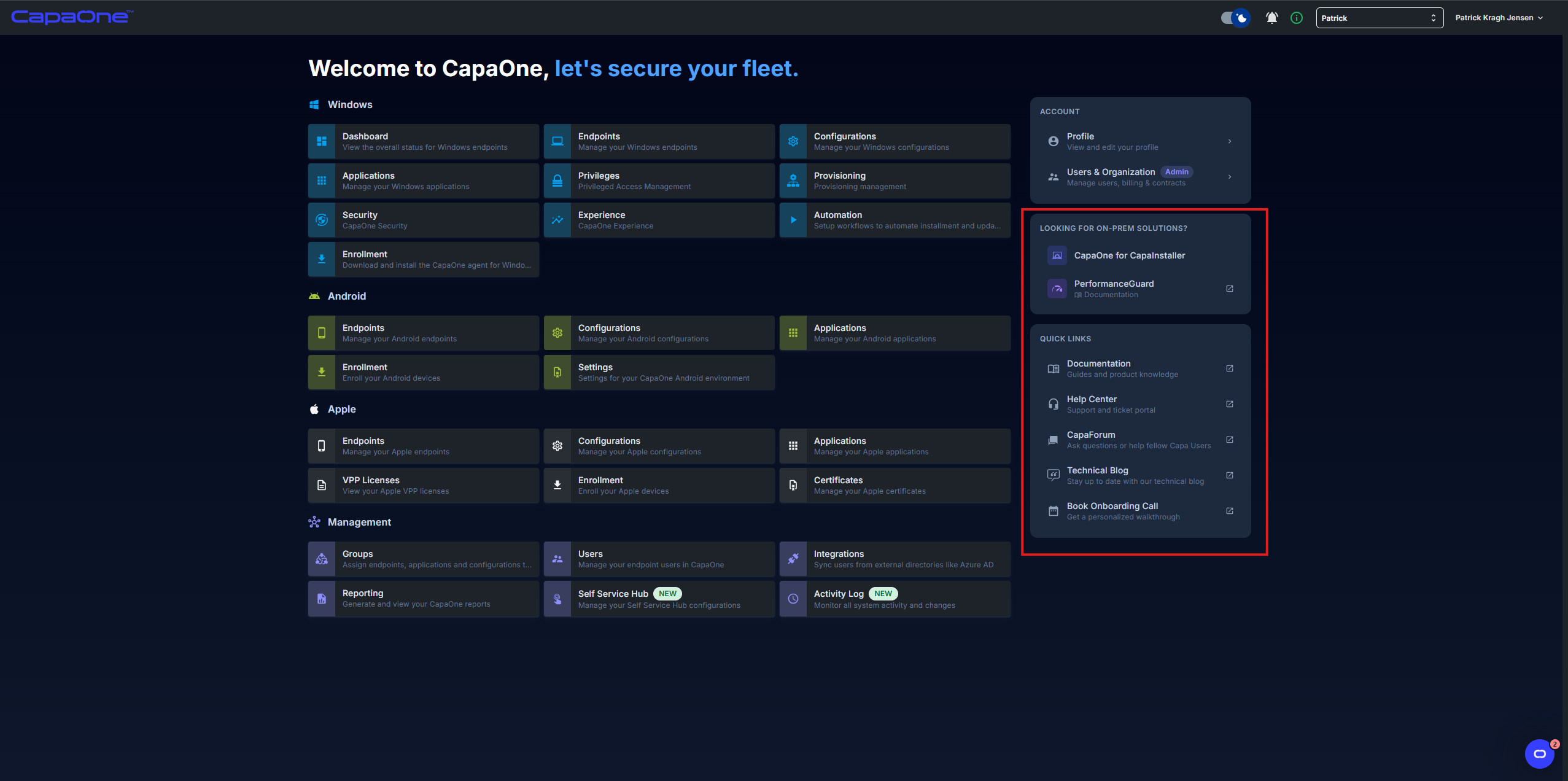 CapaOne dashboard showing the on-prem solutions and quick links panels highlighted on the right side