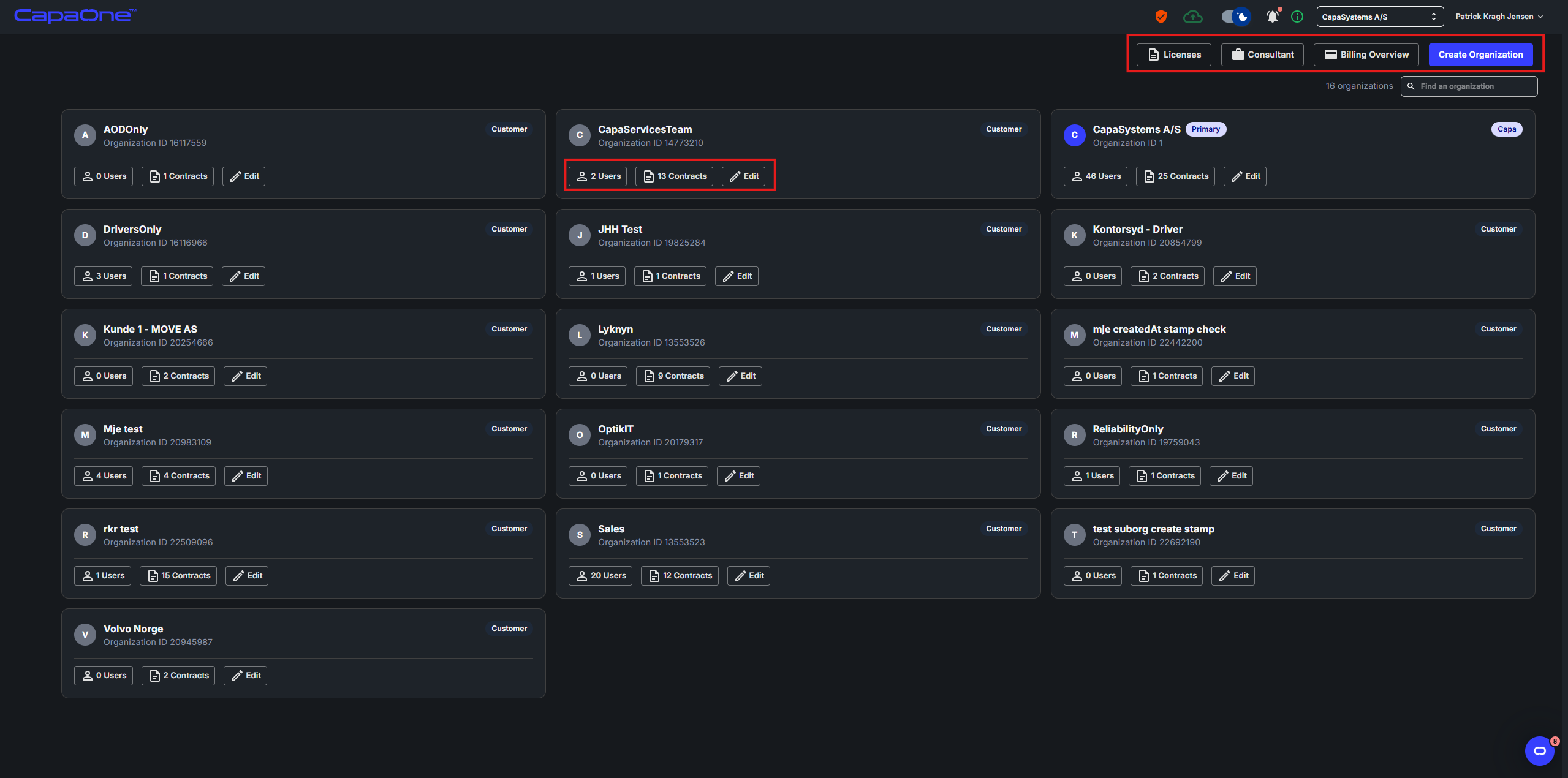 Account Administration overview showing organizations with Users, Contracts, and Edit actions, and the top toolbar with Licenses, Billing Overview, and Create Organization buttons