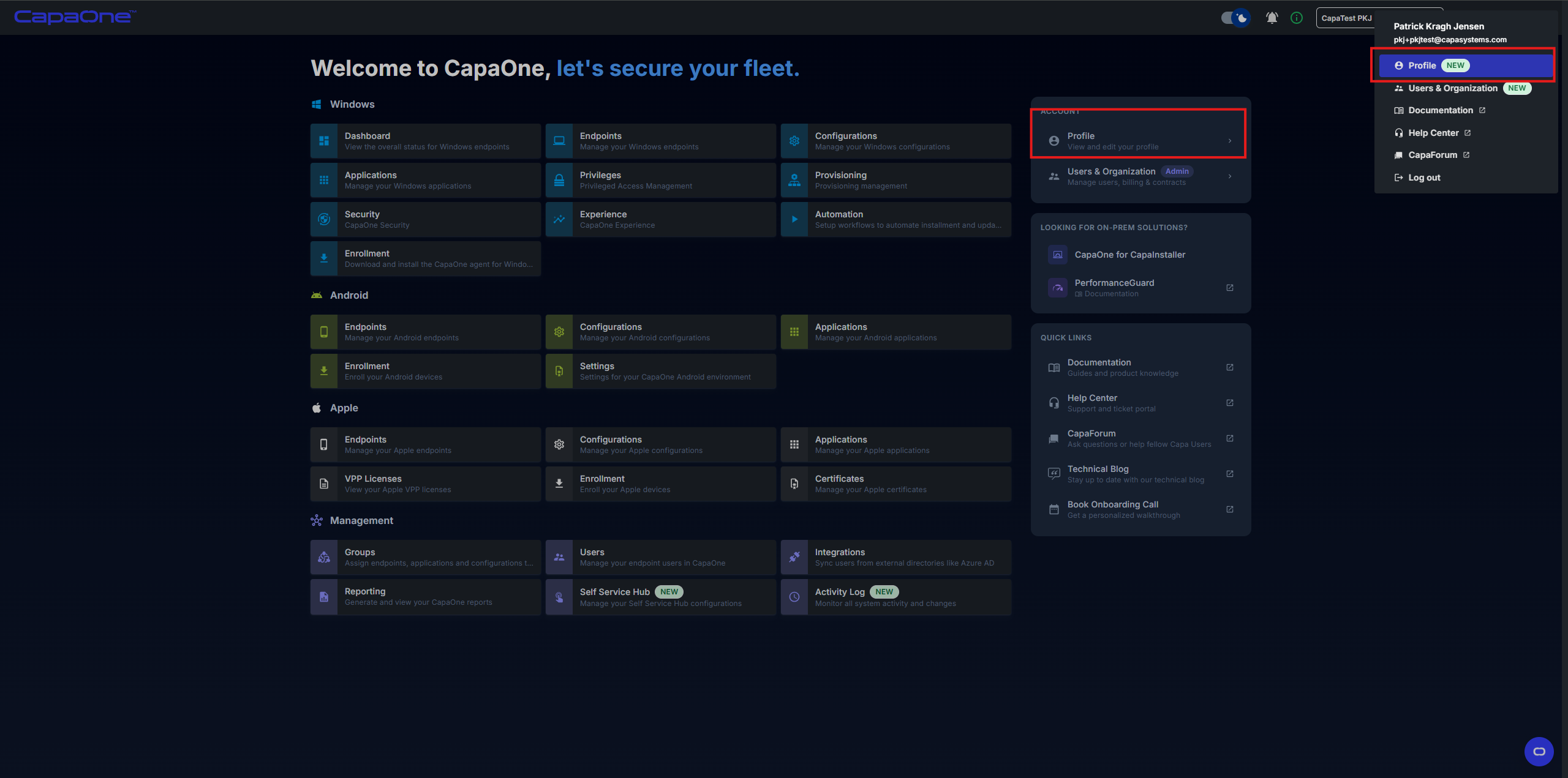 CapaOne dashboard showing the Profile option highlighted in the account panel