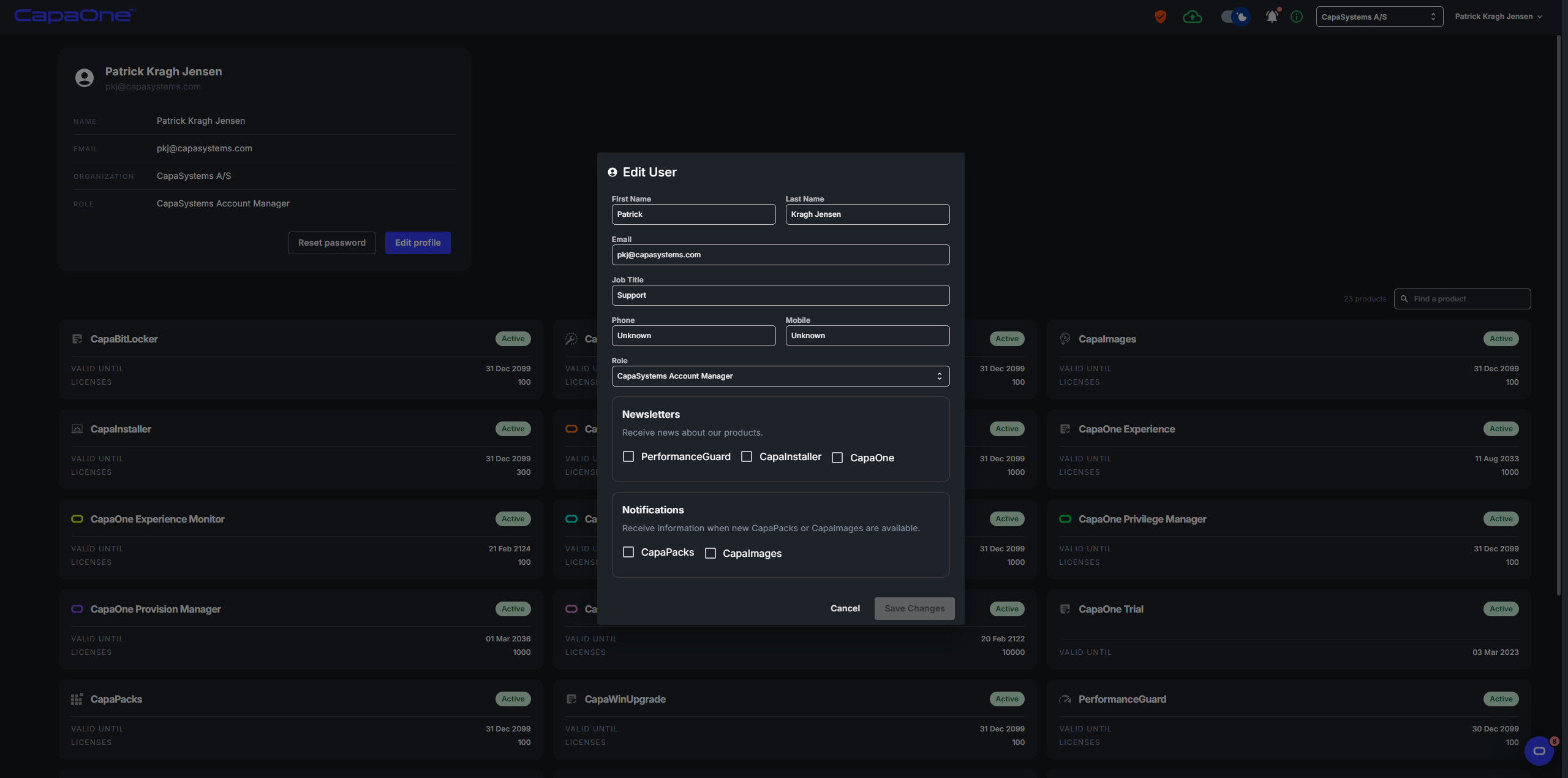 Profile page showing account details and contracts, with the Edit User dialog open displaying all editable fields, newsletters, and notification options