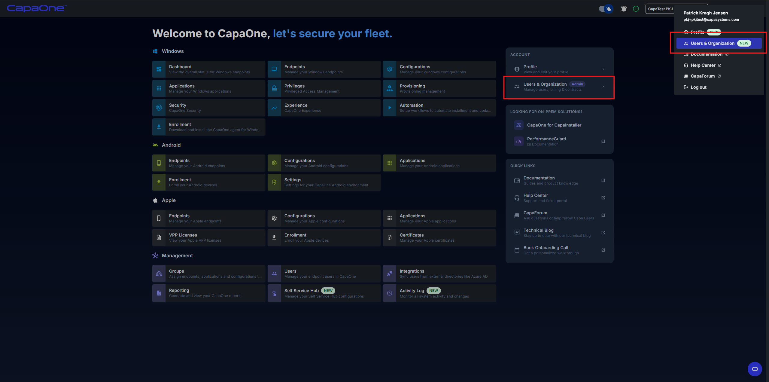 CapaOne dashboard showing Users & Organization highlighted in the account panel and the top-right user menu