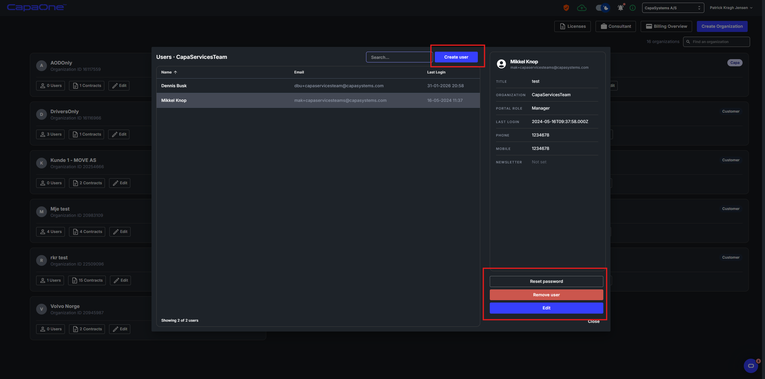 Users panel for an organization showing the user list, user detail panel, and action buttons