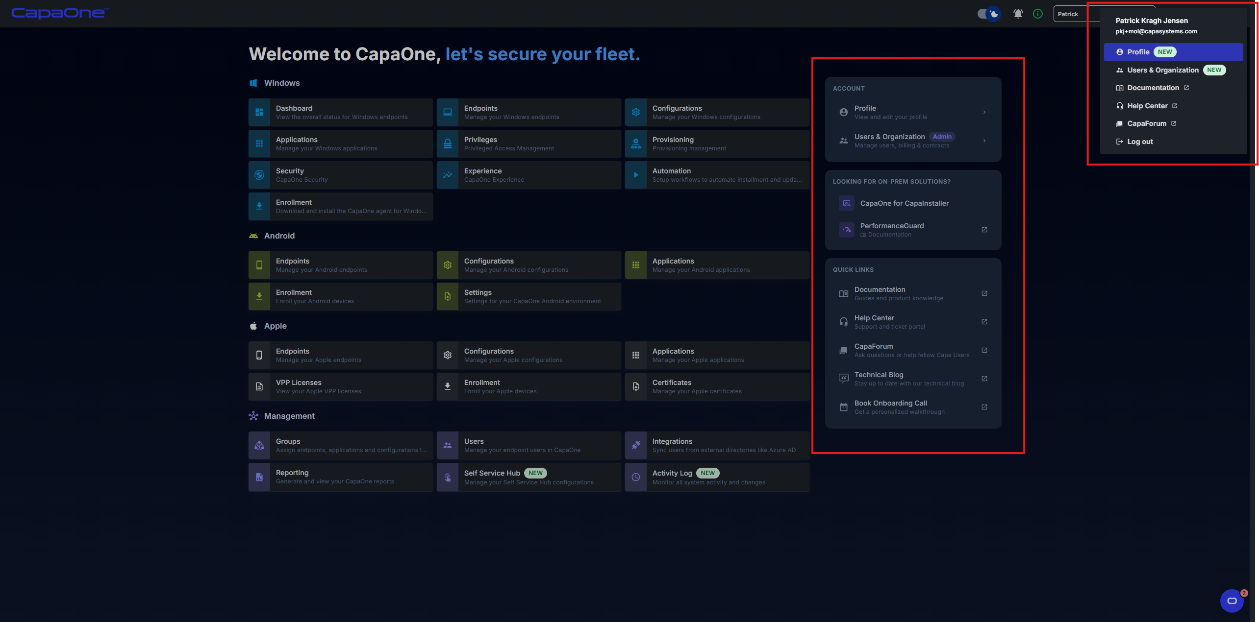 CapaOne dashboard showing the account panel and the top-right user menu