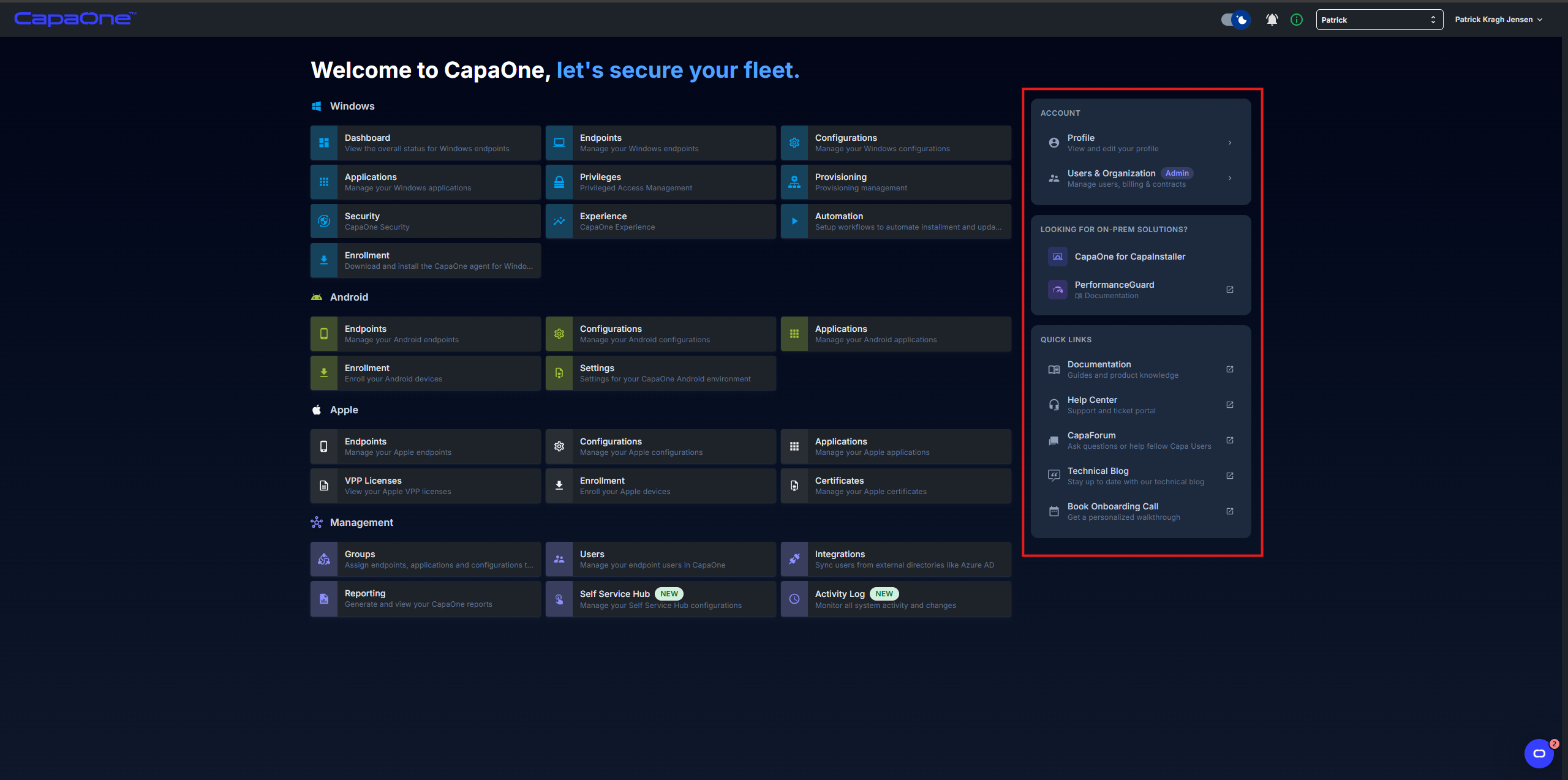 CapaOne dashboard showing the account panel with Users & Organization and quick links highlighted