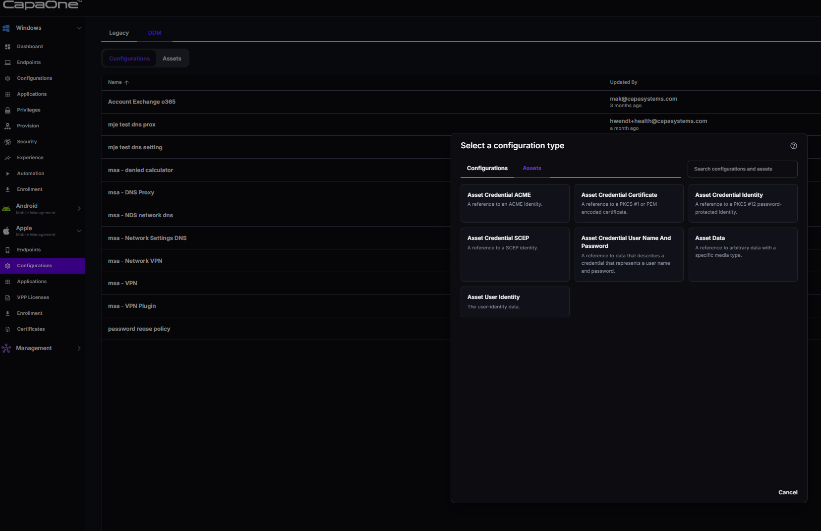 CapaOne’s Select a configuration type picker showing the Assets tab, listing the seven asset types