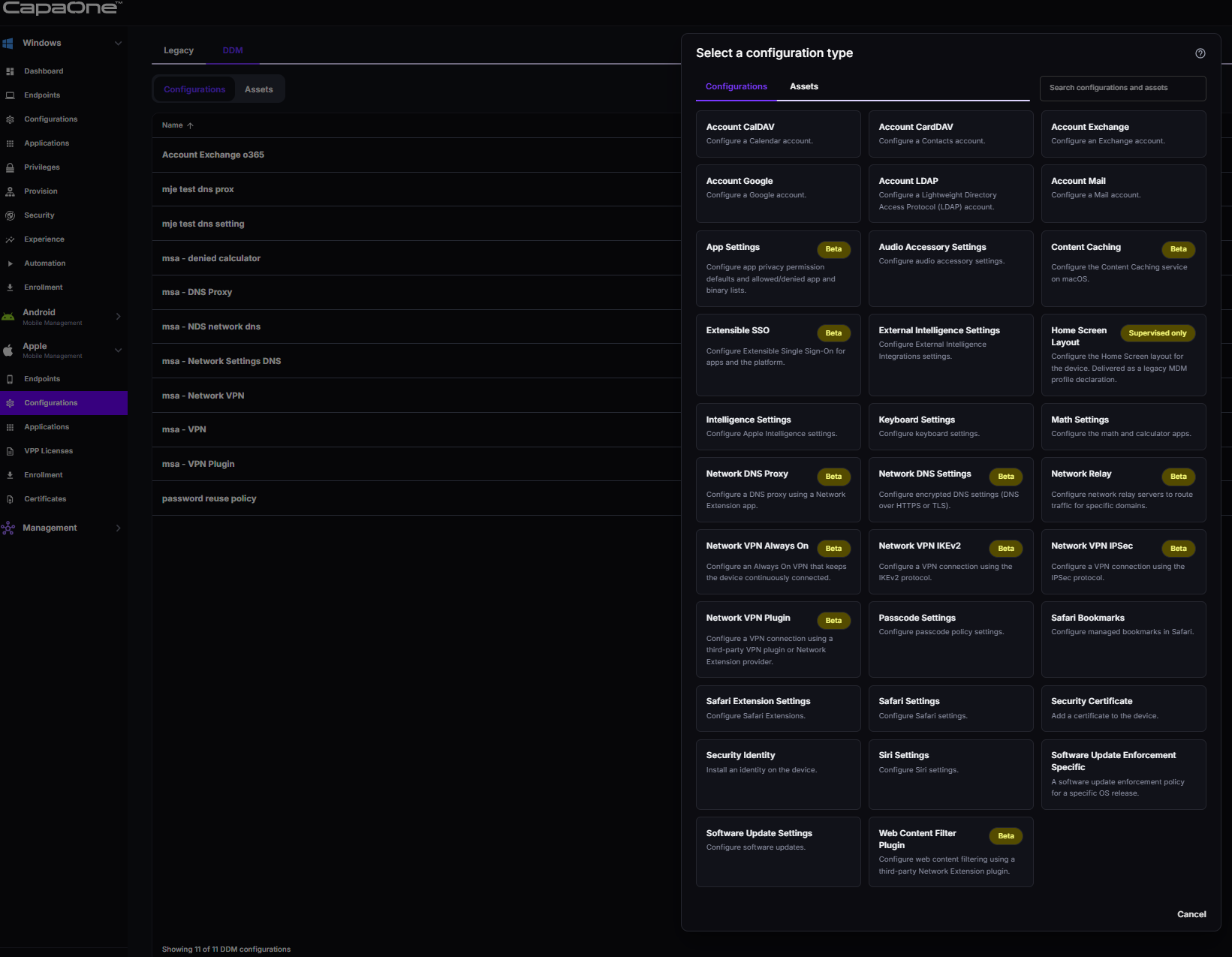 CapaOne’s Select a configuration type picker under Apple → Configurations → DDM → New, showing the Configurations tab