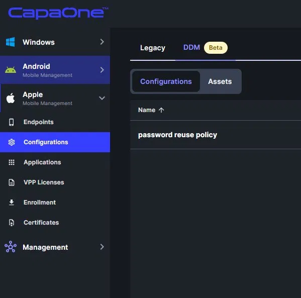 CapaOne Apple Configurations page showing the Legacy and DDM tabs, with a DDM configuration named password reuse policy
