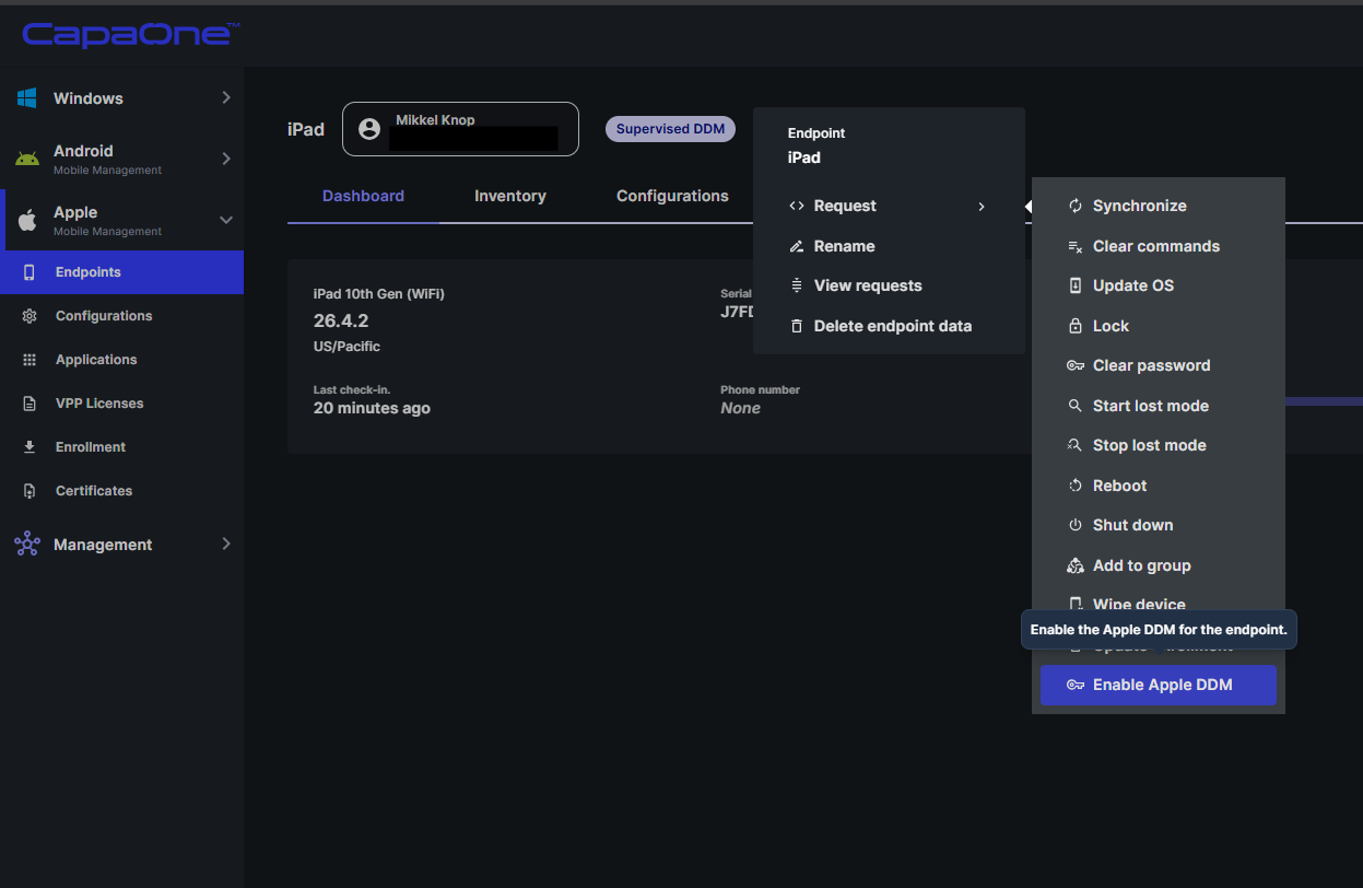 Endpoint action menu in CapaOne with Enable Apple DDM highlighted
