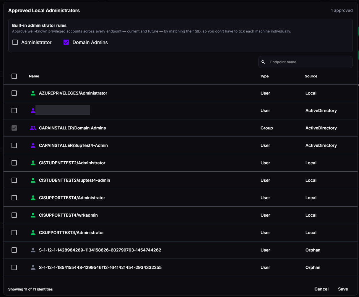 Approved Local Administrators dialog with the Built-in administrator rules box, the Domain Admins rule selected, and a list of accounts with their type and source