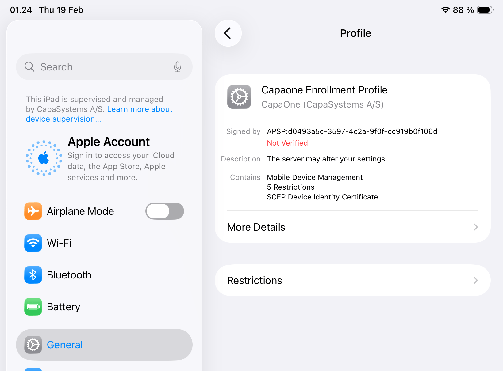 Device MDM profile listing the Restrictions payload