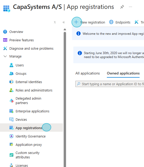 App registrations page with an existing app or the New registration button