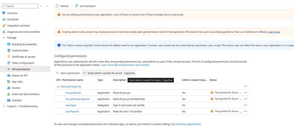 API permissions list with the Grant admin consent button
