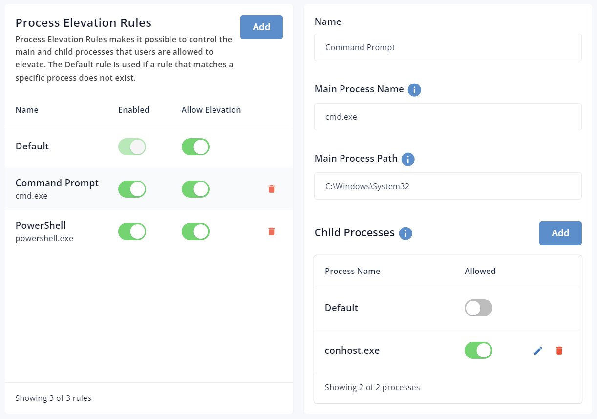 Process elevation rule allowing child processes such as conhost.exe