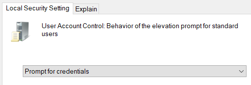 GPO setting for the standard-user elevation prompt set to Prompt for credentials