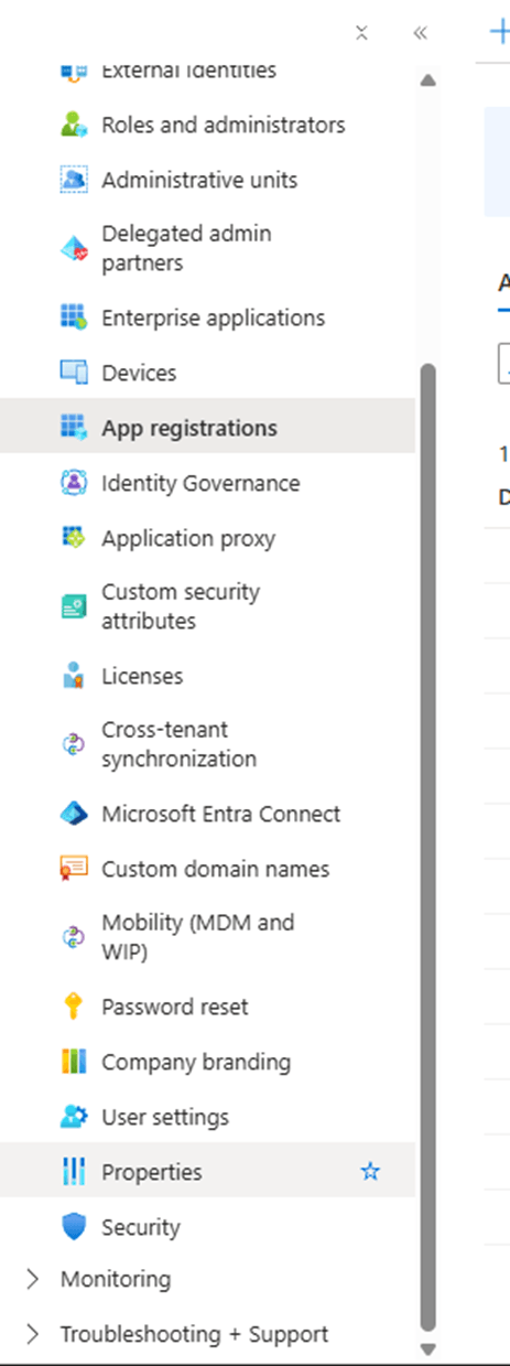App registration sidebar with Properties selected