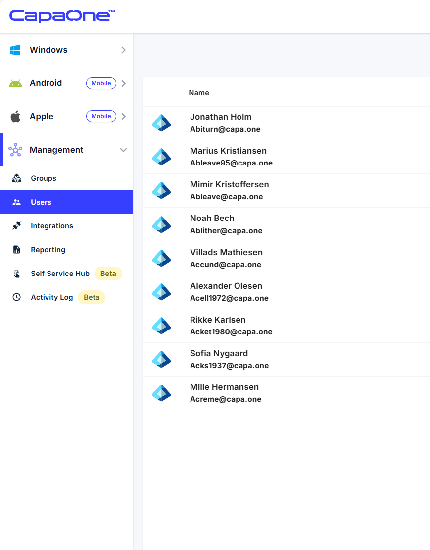 CapaOne Users list showing an Entra icon beside each synced user
