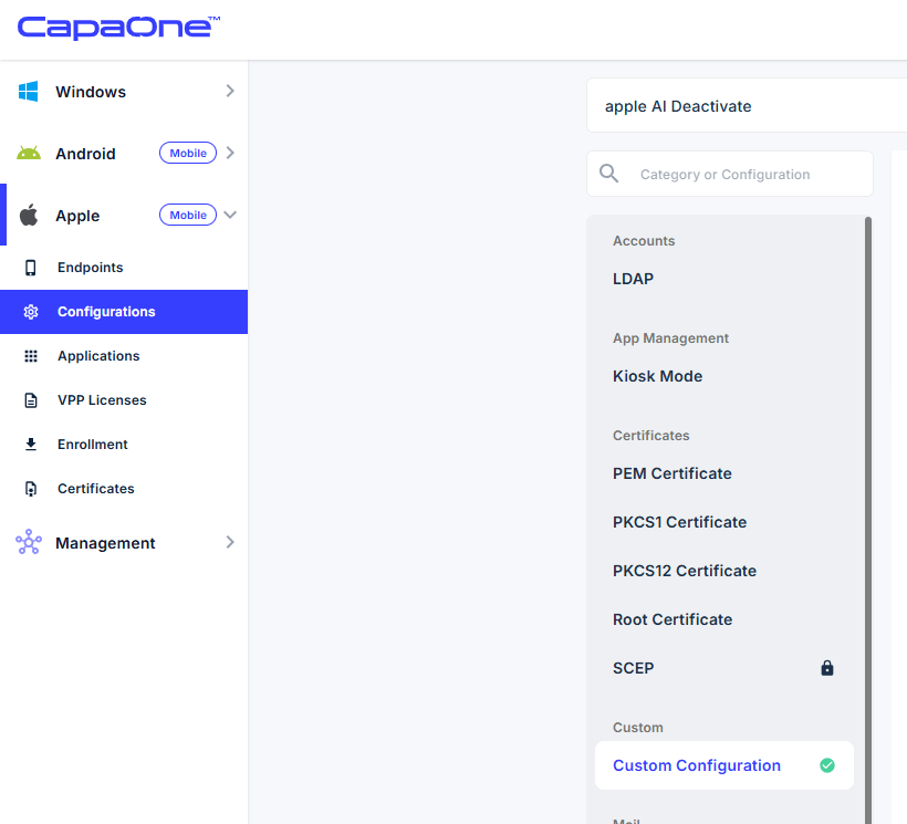 Custom Configuration enabled in the new Apple configuration