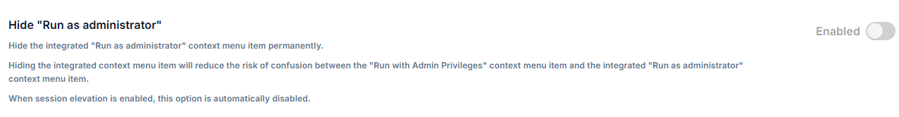 Right-click menu with the built-in Run as administrator entry hidden