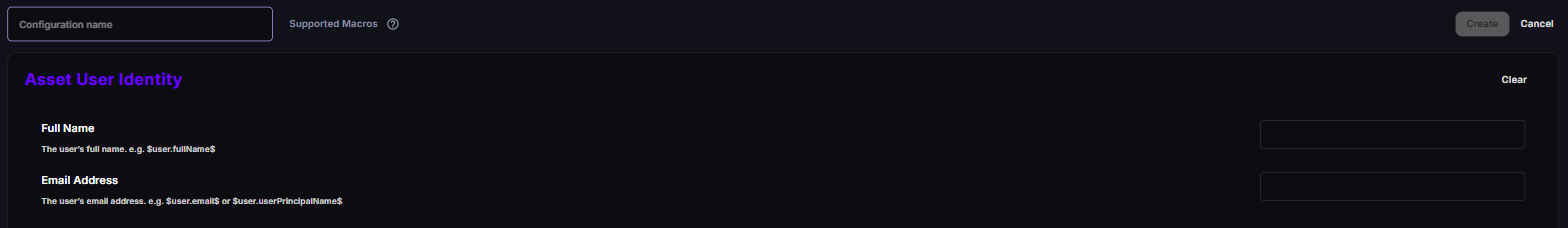 New Asset User Identity with the Full Name and Email Address fields
