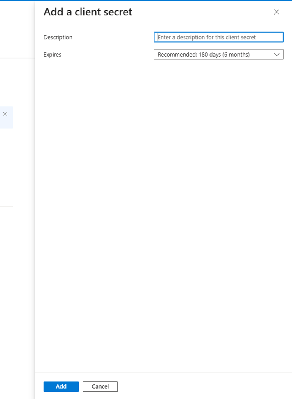 Add a client secret panel with description and a 24-month expiry