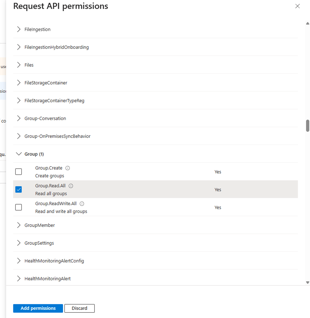 Group permissions expanded with Group.Read.All checked
