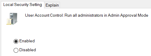 GPO setting for Run all administrators in Admin Approval Mode set to Enabled