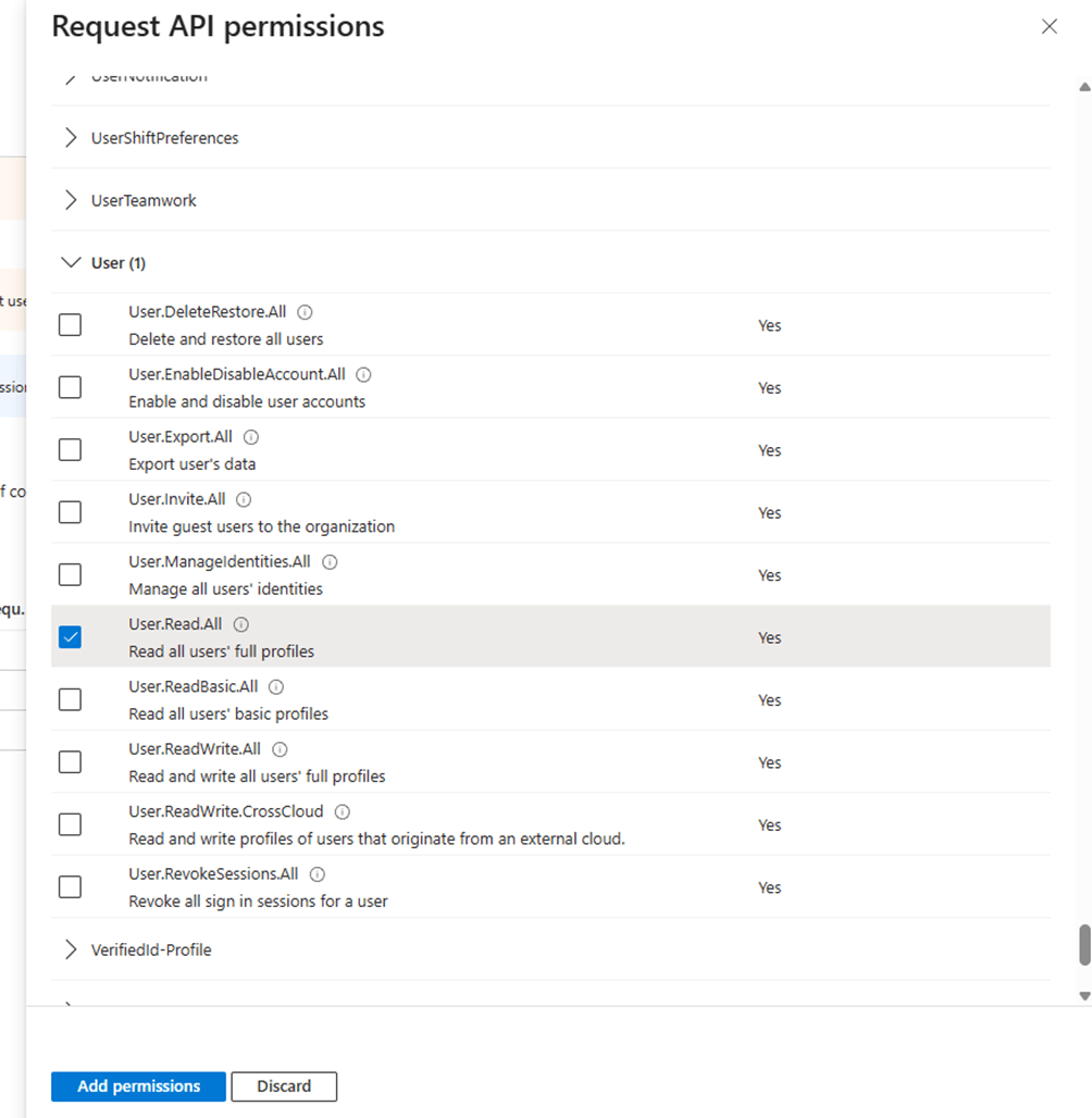User permissions expanded with User.Read.All checked
