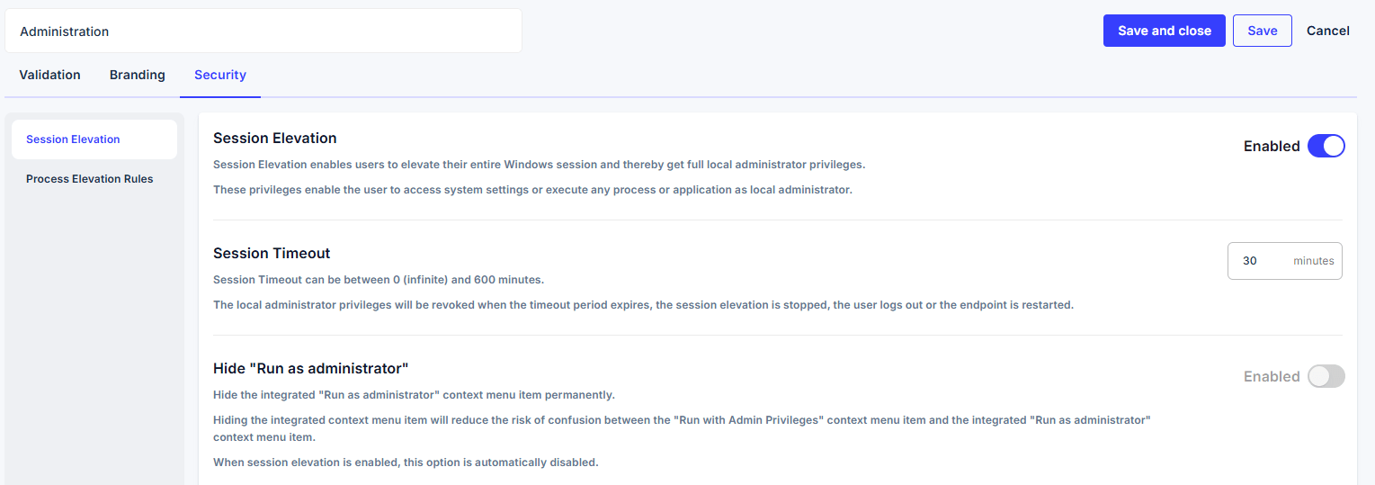 Session elevation toggle in the Security section