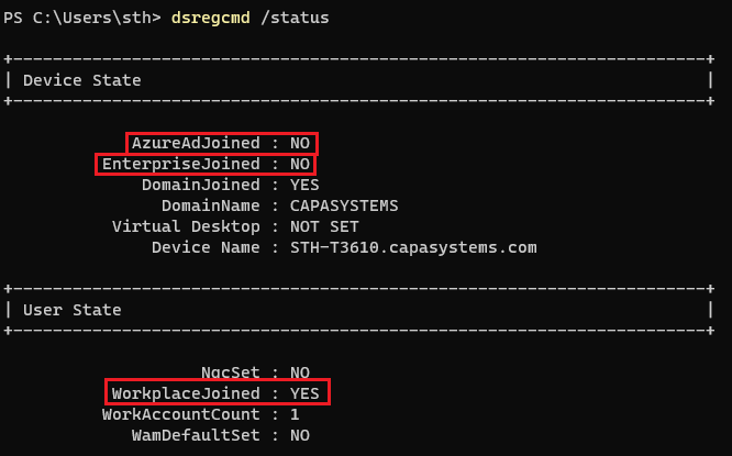 dsregcmd /status output showing the device join state