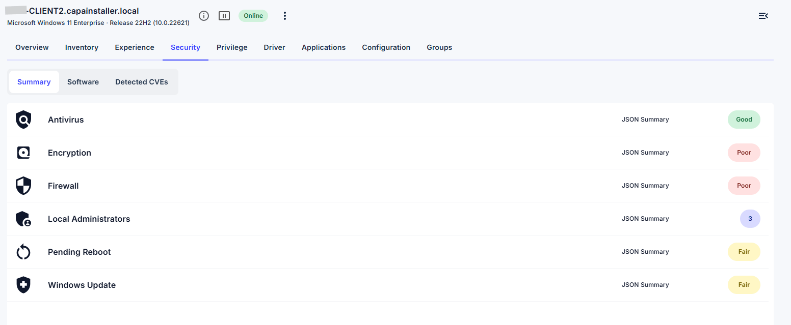 Endpoint security overview with inventory and vulnerability details for a device