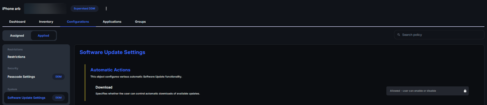 Apple device Applied configurations with Software Update Settings selected