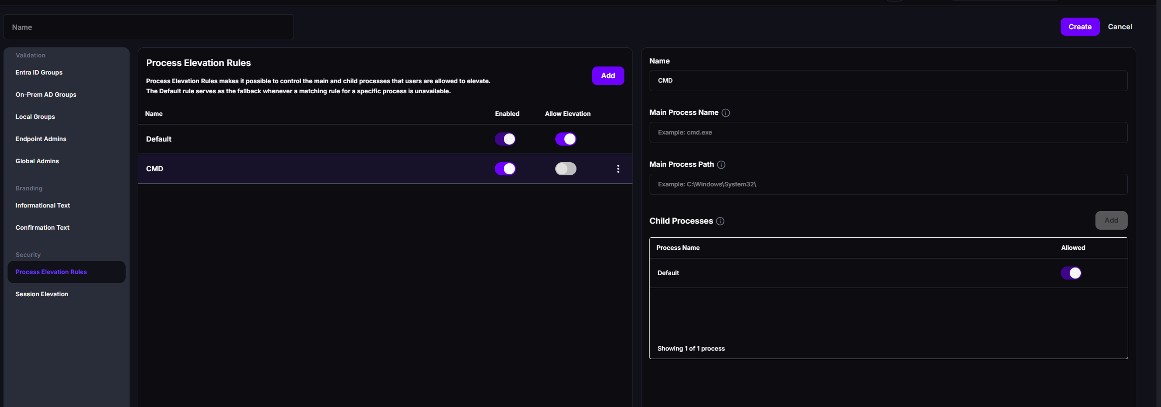 Process Elevation Rules list with the Default rule and a custom rule named CMD selected, and its Main Process Name, Main Process Path, and Child Processes fields on the right