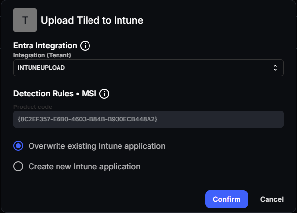 Upload to Intune dialog with the Entra integration selector, the MSI product code detection rule and the options to overwrite the existing Intune application or create a new one