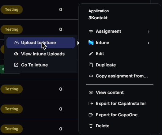Company App menu with Intune expanded, showing Upload to Intune, View Intune Uploads and Go To Intune