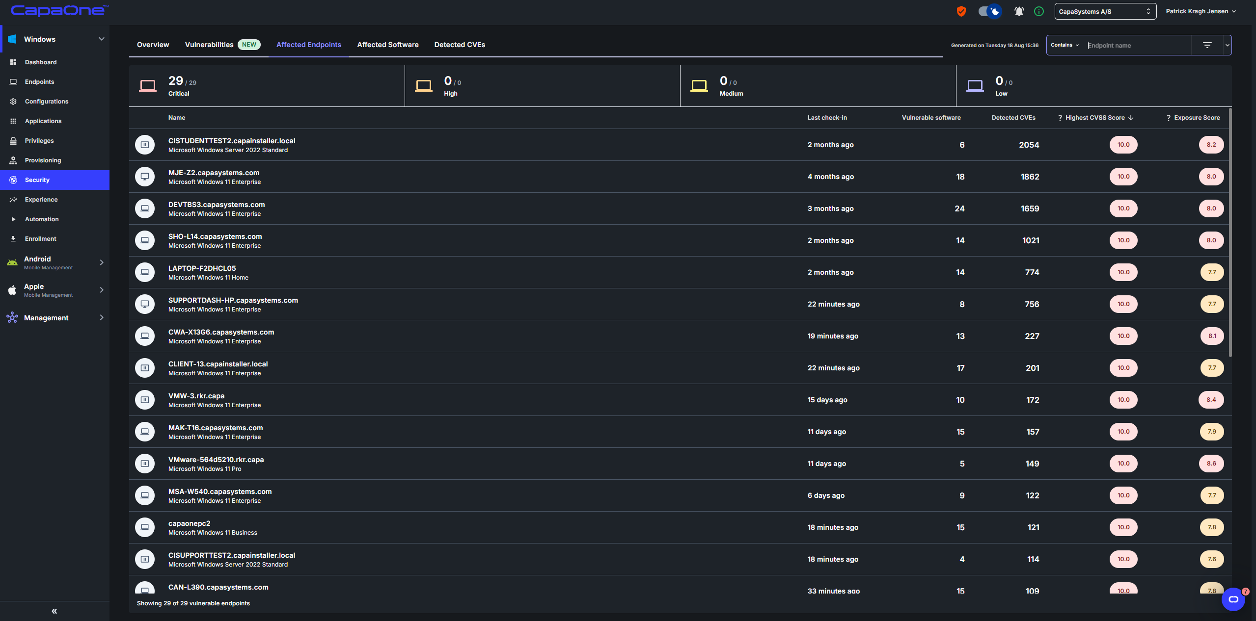 Affected endpoints view