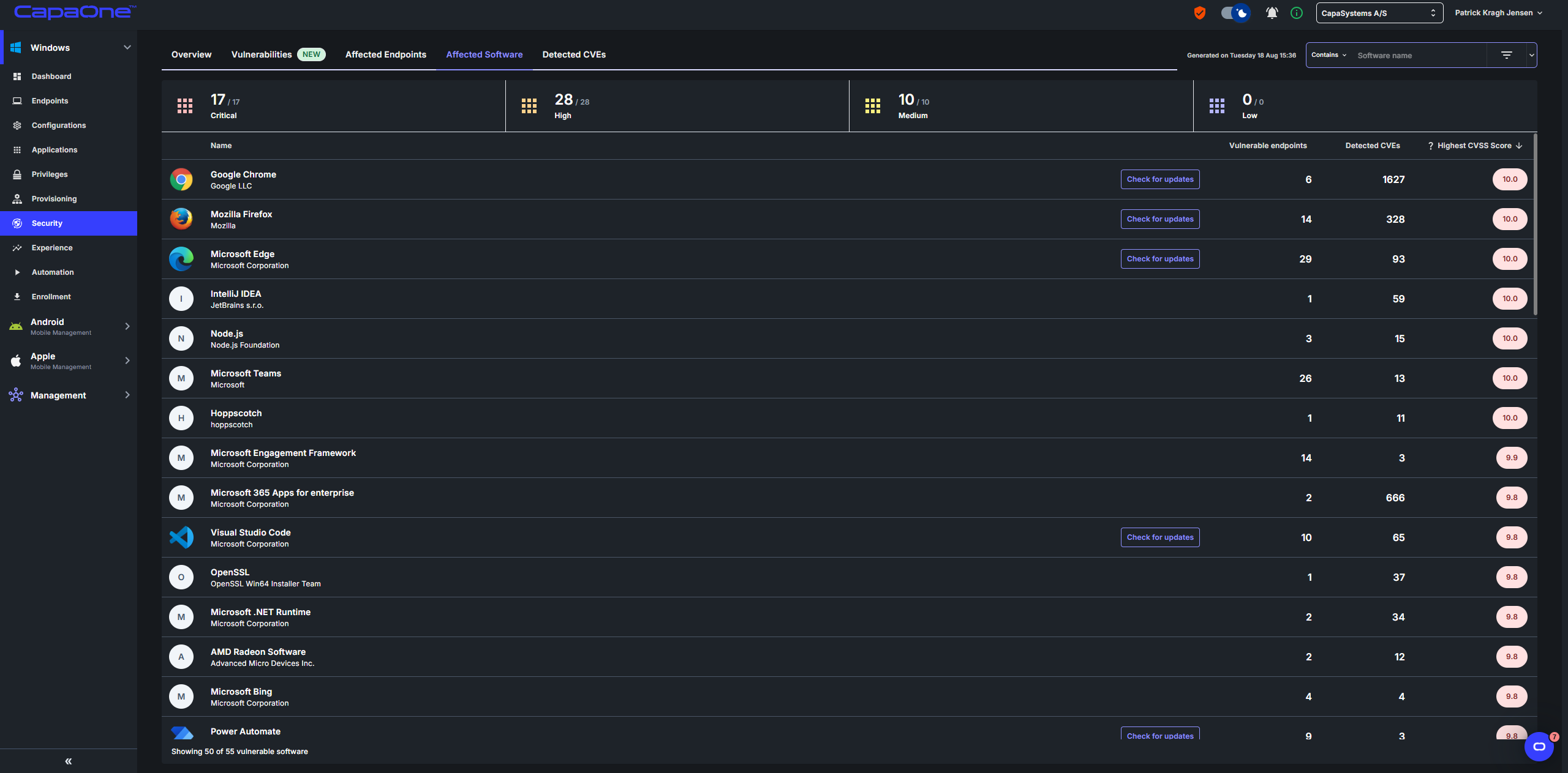 Affected software view
