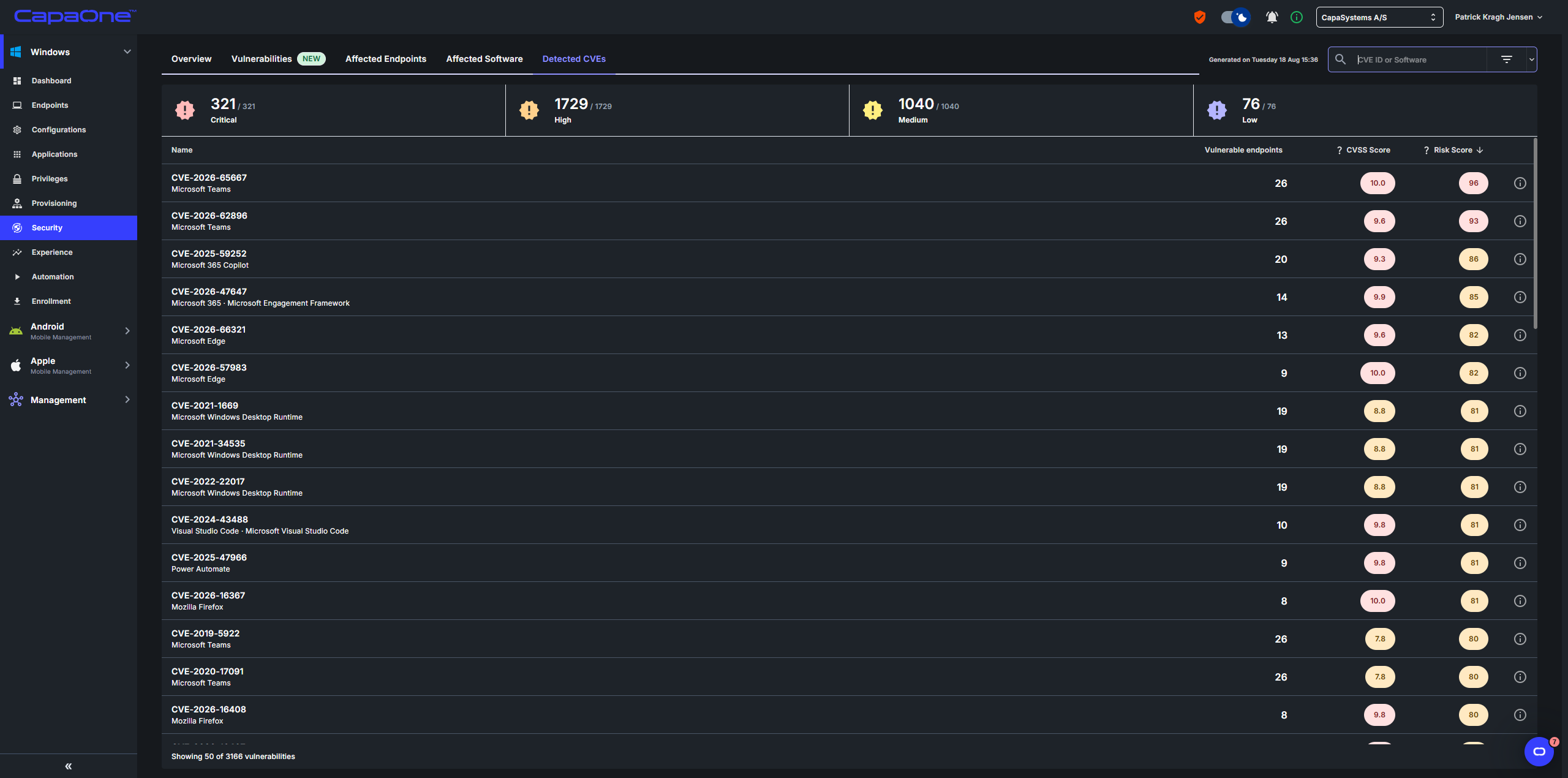 Detected CVEs view